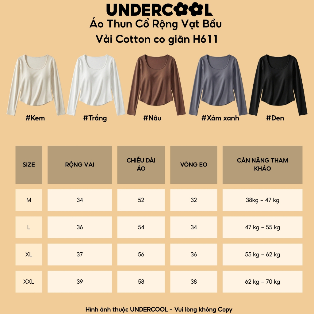 Áo Thun Nữ Dài Tay Cổ U Vạt Bầu UNDERCOOL Áo Giữ nhiệt Chất Cotton Co Giãn Tôn Dáng Phom Ôm Cotton Hàn Quốc H611