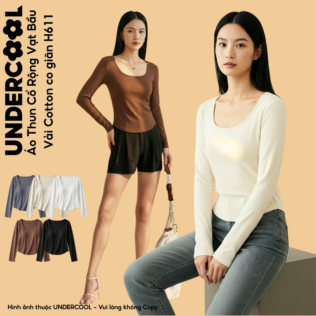 Áo Thun Nữ Dài Tay Cổ U Vạt Bầu UNDERCOOL Áo Giữ nhiệt Chất Cotton Co Giãn Tôn Dáng Phom Ôm Cotton Hàn Quốc H611