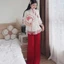 Set đồ lam, đi chùa mặc Tết ngọt ngào áo cổ tàu chất Xô Lưới thêu cột nơ kèm quần dài Tuyết Nhung