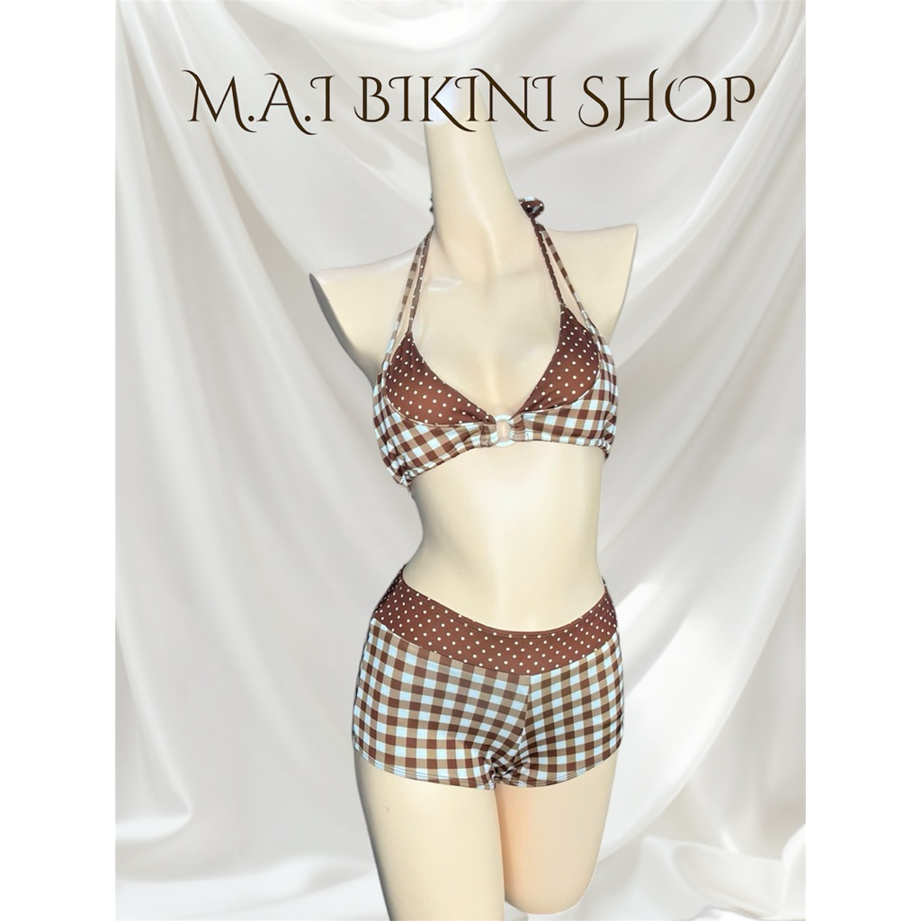 𝗠𝗔𝗜 𝗕𝗜𝗞𝗜𝗡𝗜 •CÓ SẴN HN• Sét Bikini 2 Mảnh Áo Khoen Quần Đùi,Hoạ Tiết Chấm Bi Phối Caro Nâu Cho Nữ