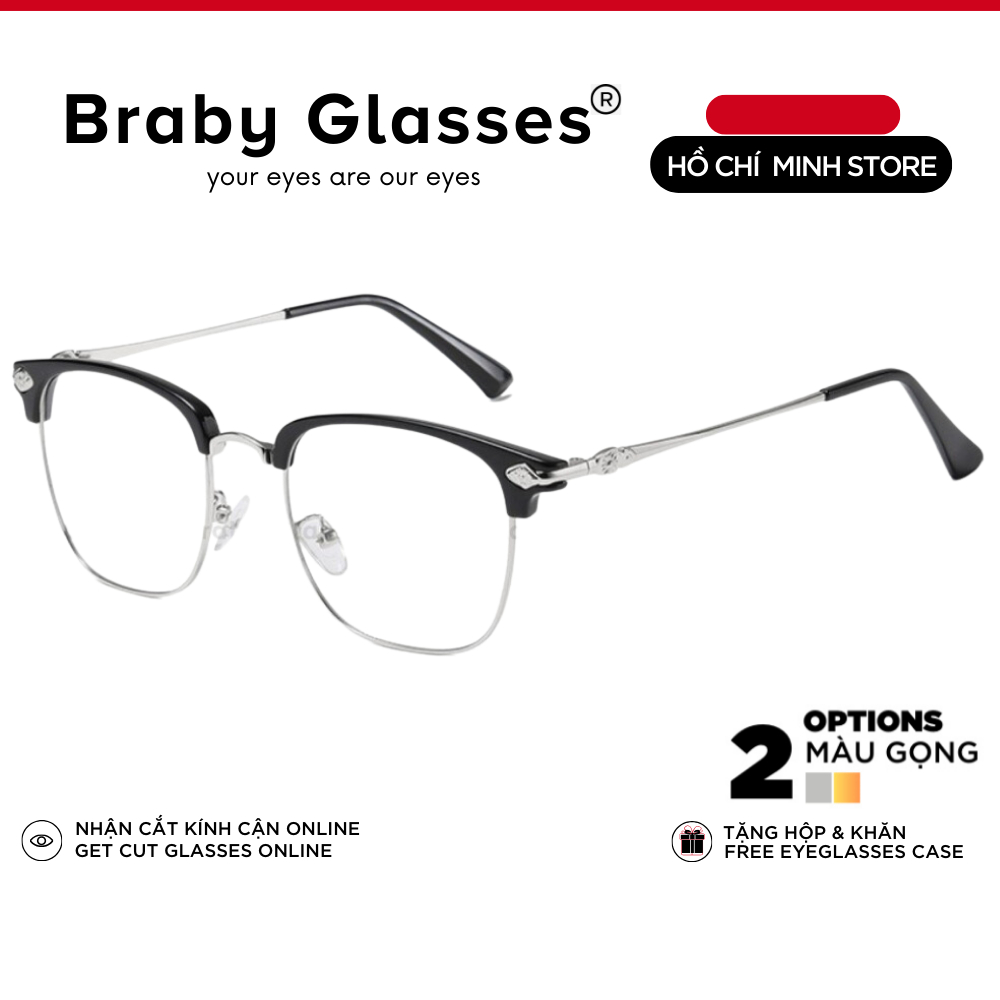 Gọng kính cận vuông nam nữ Braby Glasses chất liệu kim loại gọng mảnh họa tiết sang trọng thời trang MK01