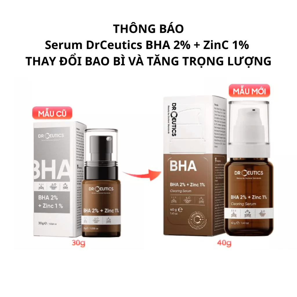 Serum Kẽm BHA 2% + ZinC 1% DrCeutics giảm mụn và giảm tiết dầu - 30g/40g