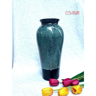 Bình hoa gốm dáng đùi dế men nâu mộc và xanh hoả biến cao 35cm Gốm sứ Bát Tràng