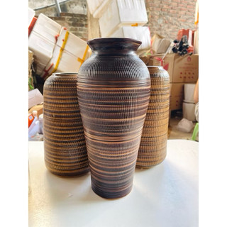 Bình hoa gốm dáng đùi dế men nâu mộc và xanh hoả biến cao 35cm Gốm sứ Bát Tràng
