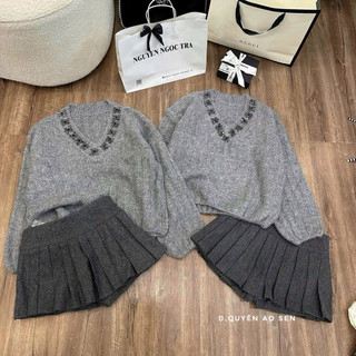 SET ÁO LEN VIỀN ĐÁ MIX CHÂN VÁY XẾP LY HÀNG QCCC L1