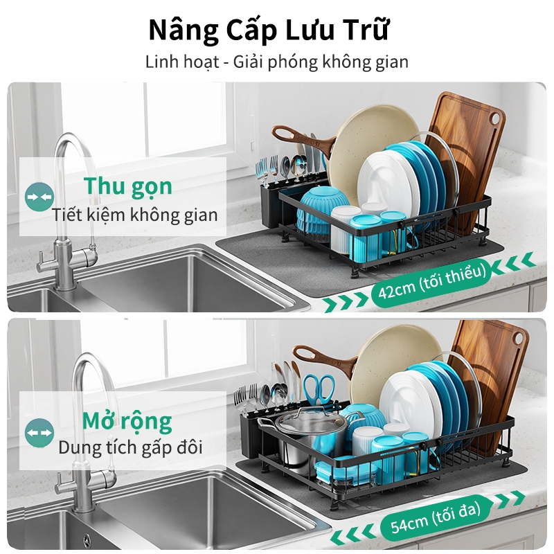 iSPECLE Kệ Để Bát Đĩa Đơn Tầng Co Giãn Thông Minh - Kèm Đệm Hút Ẩm, Chống Tràn Hiệu Quả