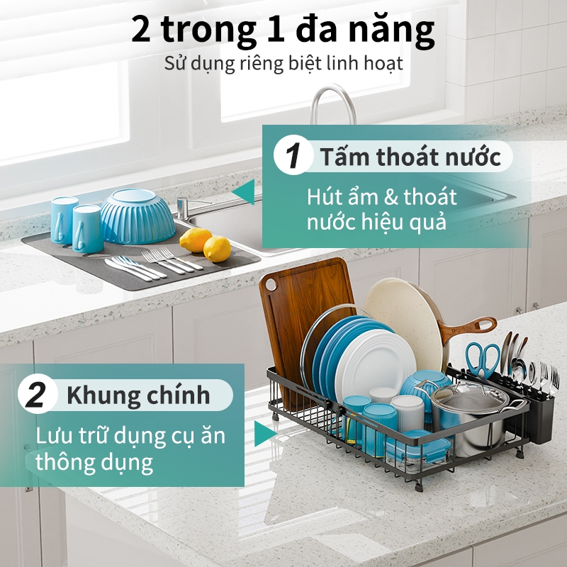 iSPECLE Kệ Để Bát Đĩa Đơn Tầng Co Giãn Thông Minh - Kèm Đệm Hút Ẩm, Chống Tràn Hiệu Quả