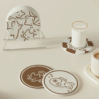 Miếng Lót Ly Trà, Cà Phê Hình Mèo Và Cá Vintage Chất Liệu Đá Diatomite Cao Cấp Thấm Nước, Chống Trượt -TotoMoo.homedecor