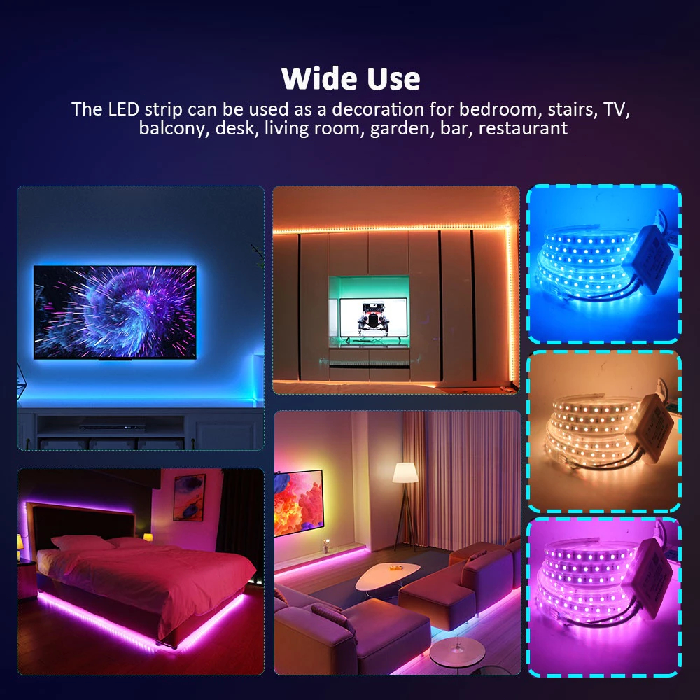 220V Dải Đèn Led Có Chế Độ Nháy Theo Nhạc Điều Chỉnh Bằng Remote Và App Không Thấm Nước IP67