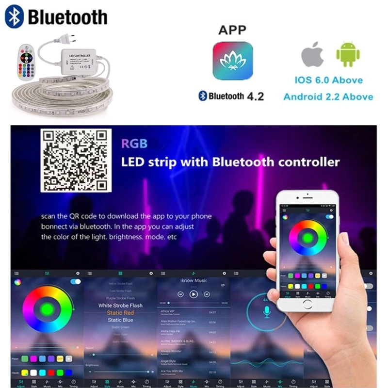 220V Dải Đèn Led Có Chế Độ Nháy Theo Nhạc Điều Chỉnh Bằng Remote Và App Không Thấm Nước IP67