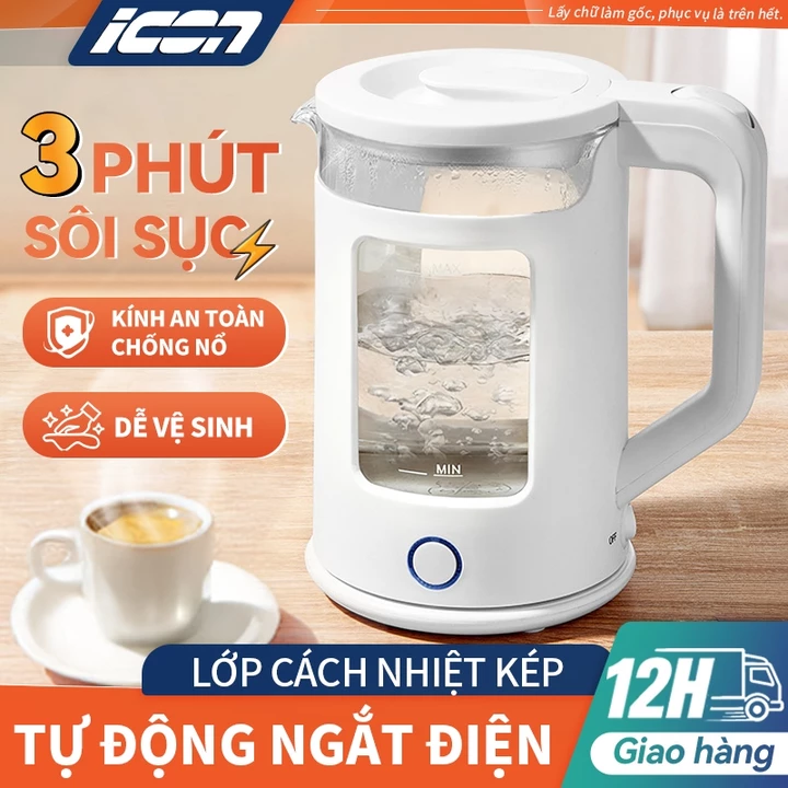 ICON Ấm đun nước điện 2 lít, đun sôi nhanh, thủy tinh chịu nhiệt, tự động ngắt khi sôi, bảo hành 2 năm
