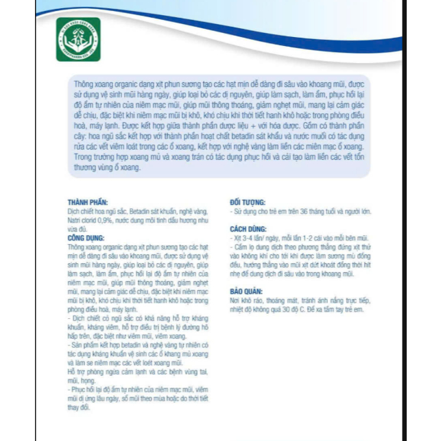 Xịt Mũi Thông Xoang Organic, hỗ trợ viêm xoang, viêm mũi dị ứng