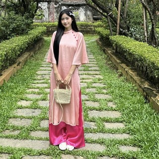 Set áo dài VÂN DU lụa trơn phối nơ cách điệu đính cúc bọc kèm quần lụa satin HAVANA AD94
