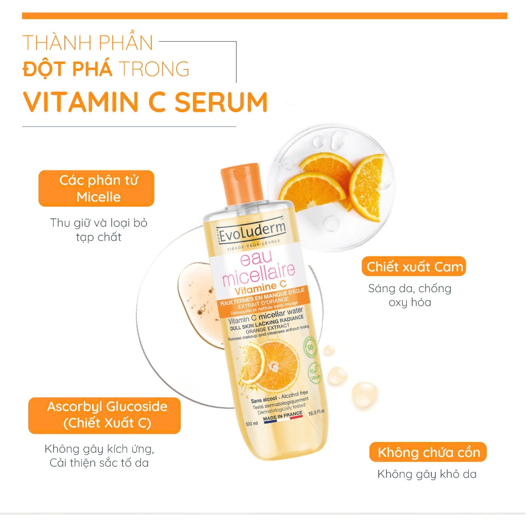 Nước Tẩy Trang EVOLUDERM VITAMIN C MICELLAR WATER DULL SKIN LACKING RADIANCE ORANGE EXTRACT 500ml