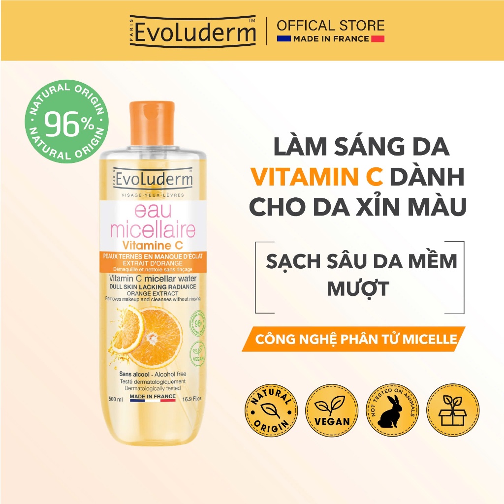 Nước Tẩy Trang EVOLUDERM VITAMIN C MICELLAR WATER DULL SKIN LACKING RADIANCE ORANGE EXTRACT 500ml