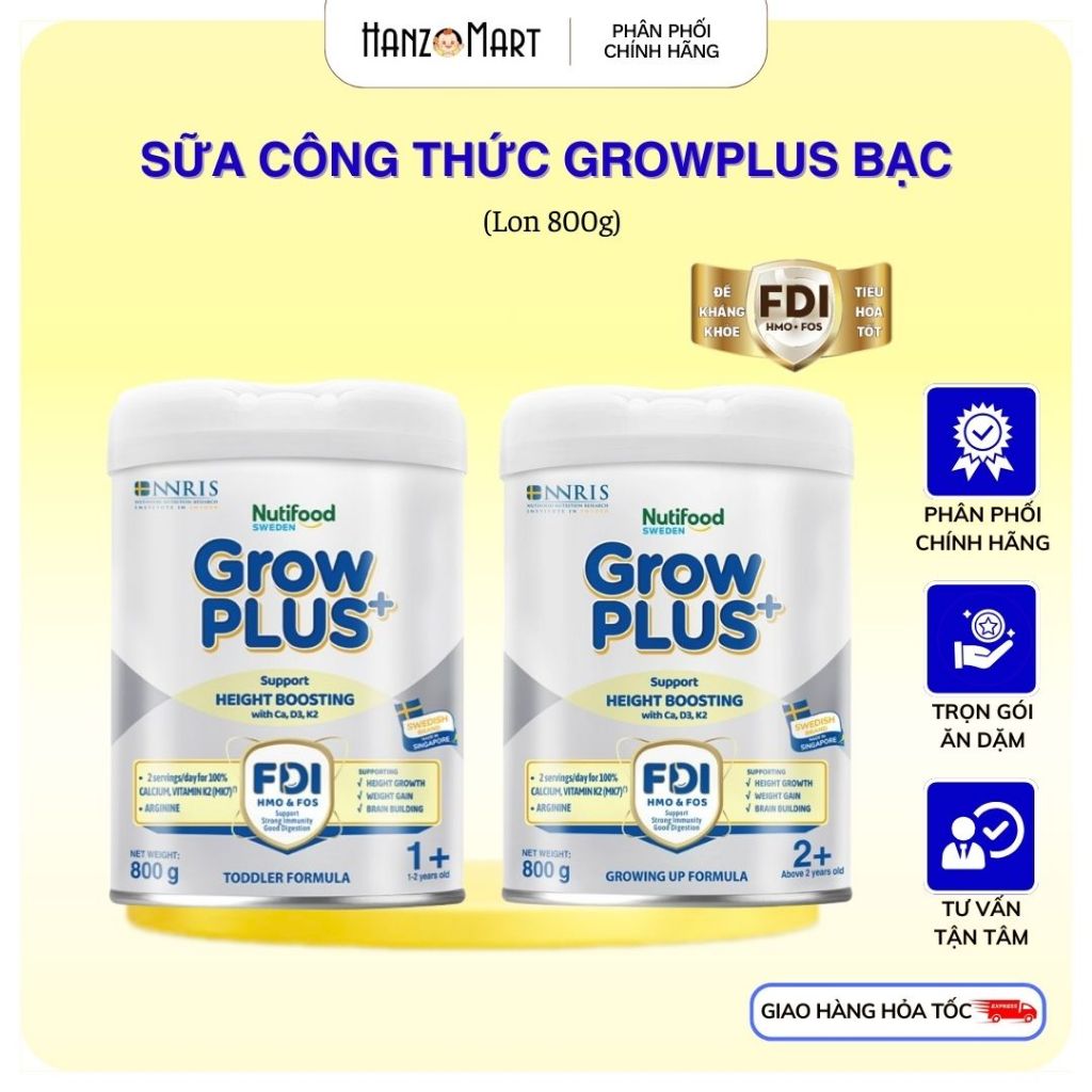 Sữa Bột Nutifood Sweden GrowPLUS+ Cao lớn vượt trội (Bạc) 800g