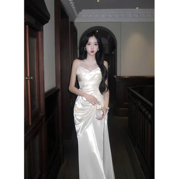 Đầm phi hai dây nhún tà hông cách điệu cực xinh, đầm phi dáng dài dự tiệc cực sang, oufit đi đám cưới, đầm dự tiệc