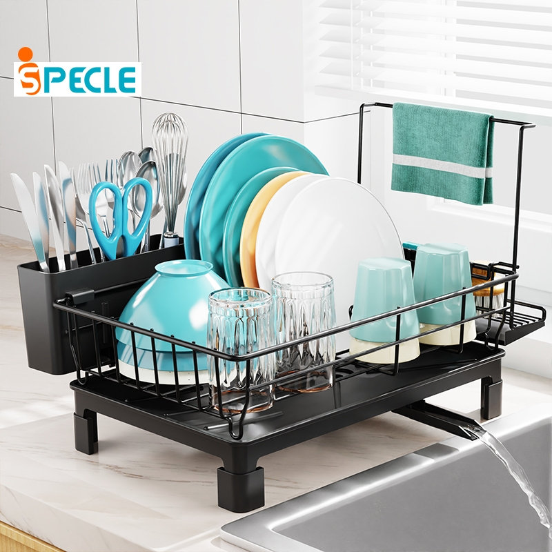iSPECLE Giá Để Bát Đĩa Đơn Tầng Đa Năng - Khay Hứng Nước, Khu Đũa Thìa & Giá Treo Khăn Chuyên Dụng