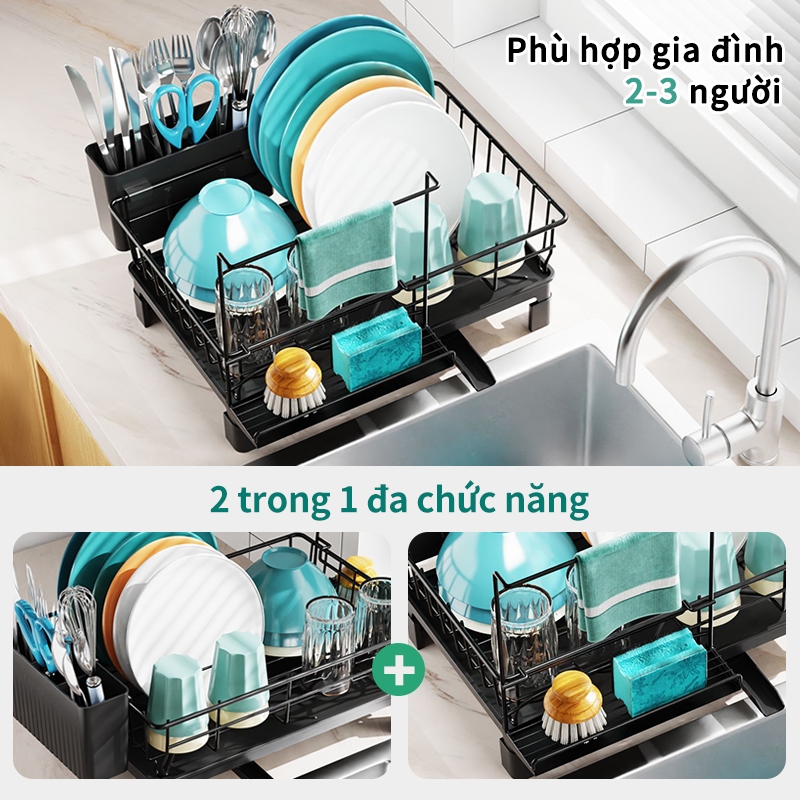 iSPECLE Giá Để Bát Đĩa Đơn Tầng Đa Năng - Khay Hứng Nước, Khu Đũa Thìa & Giá Treo Khăn Chuyên Dụng