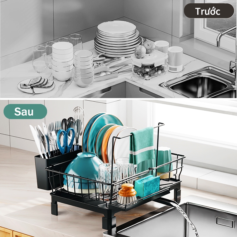 iSPECLE Giá Để Bát Đĩa Đơn Tầng Đa Năng - Khay Hứng Nước, Khu Đũa Thìa & Giá Treo Khăn Chuyên Dụng