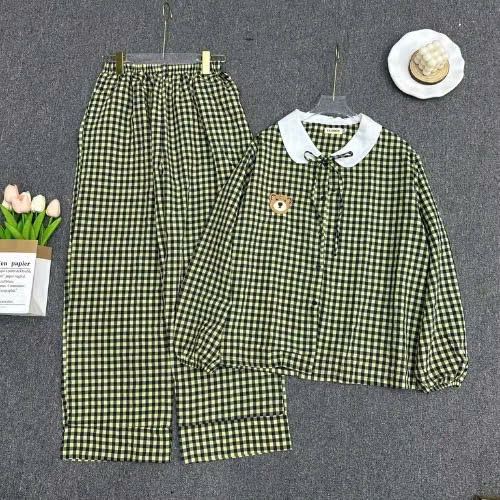 Bộ Pijama Nữ Tay Dài Big Size ESHOP Đồ Ngủ Tiểu Thư Kẻ Sọc Caro Cổ Bẻ Thêu Gấu Dễ Thương Chất Đũi MS511