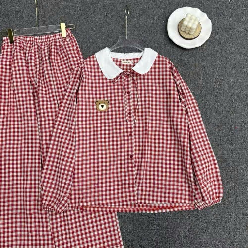 Bộ Pijama Nữ Tay Dài Big Size ESHOP Đồ Ngủ Tiểu Thư Kẻ Sọc Caro Cổ Bẻ Thêu Gấu Dễ Thương Chất Đũi MS511