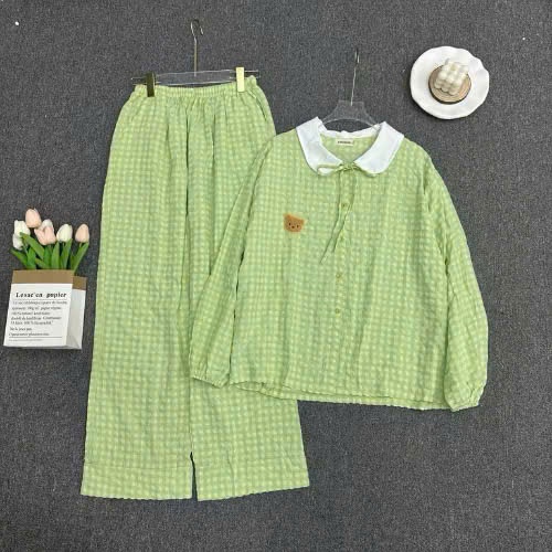 Bộ Pijama Nữ Tay Dài Big Size ESHOP Đồ Ngủ Tiểu Thư Kẻ Sọc Caro Cổ Bẻ Thêu Gấu Dễ Thương Chất Đũi MS511