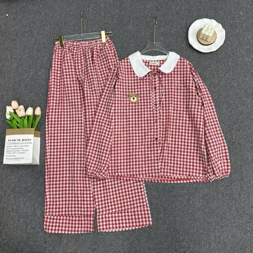 Bộ Pijama Nữ Tay Dài Big Size ESHOP Đồ Ngủ Tiểu Thư Kẻ Sọc Caro Cổ Bẻ Thêu Gấu Dễ Thương Chất Đũi MS511