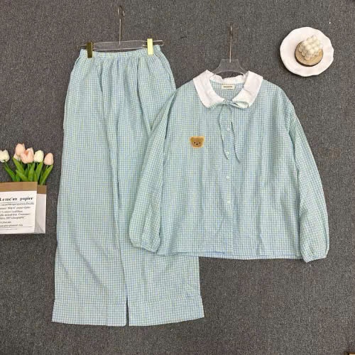 Bộ Pijama Nữ Tay Dài Big Size ESHOP Đồ Ngủ Tiểu Thư Kẻ Sọc Caro Cổ Bẻ Thêu Gấu Dễ Thương Chất Đũi MS511
