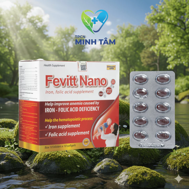 Viên uống FEVITT NANO 100V bổ sung sắt, acid folic, bổ máu, cải thiện tình trạng thiếu máu - Hộp 100v