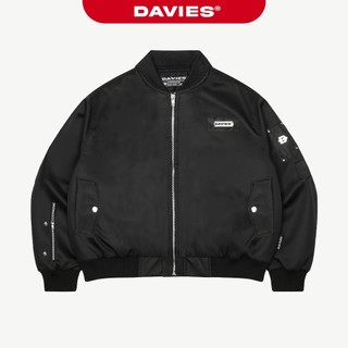 Áo bomber jacket tay nhún khóa kéo DAVIES dù 2 lớp thêu chữ phối da nhiều chi tiết kim loại túi có trong Metallic| D-AK7
