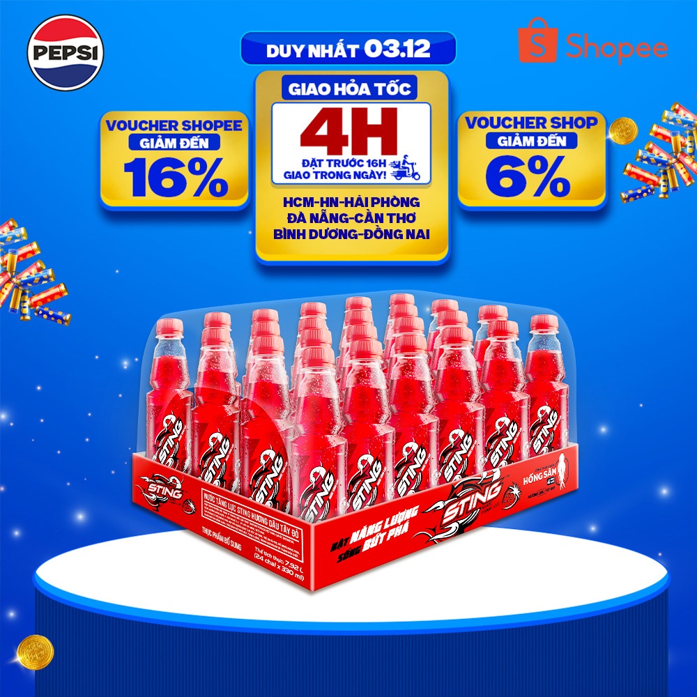 [Hỏa tốc] Thùng 24 Chai Nước Tăng Lực Sting Dâu (330ml/chai)
