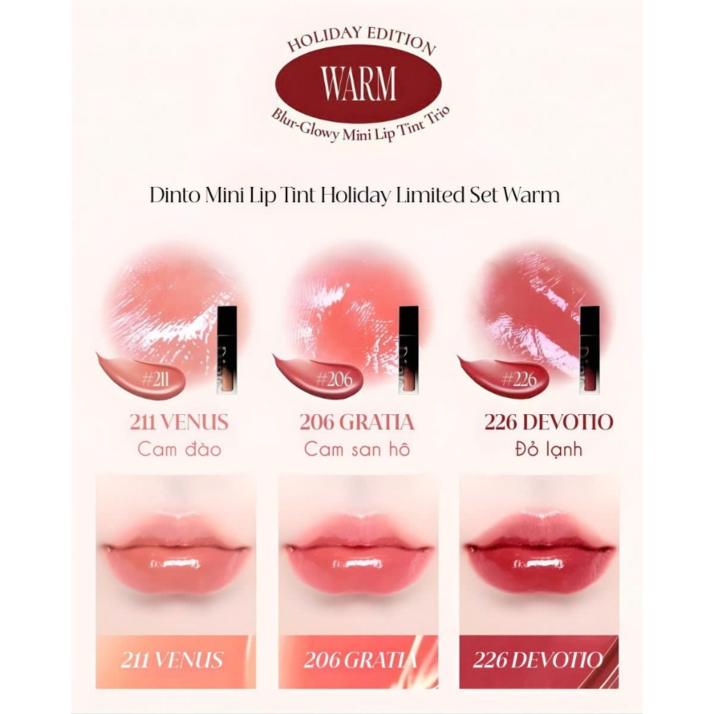 [Phiên Bản Giới Hạn] Set Son Bóng Thuần Chay Mini Blur Glowy Lip Tint 1gx3