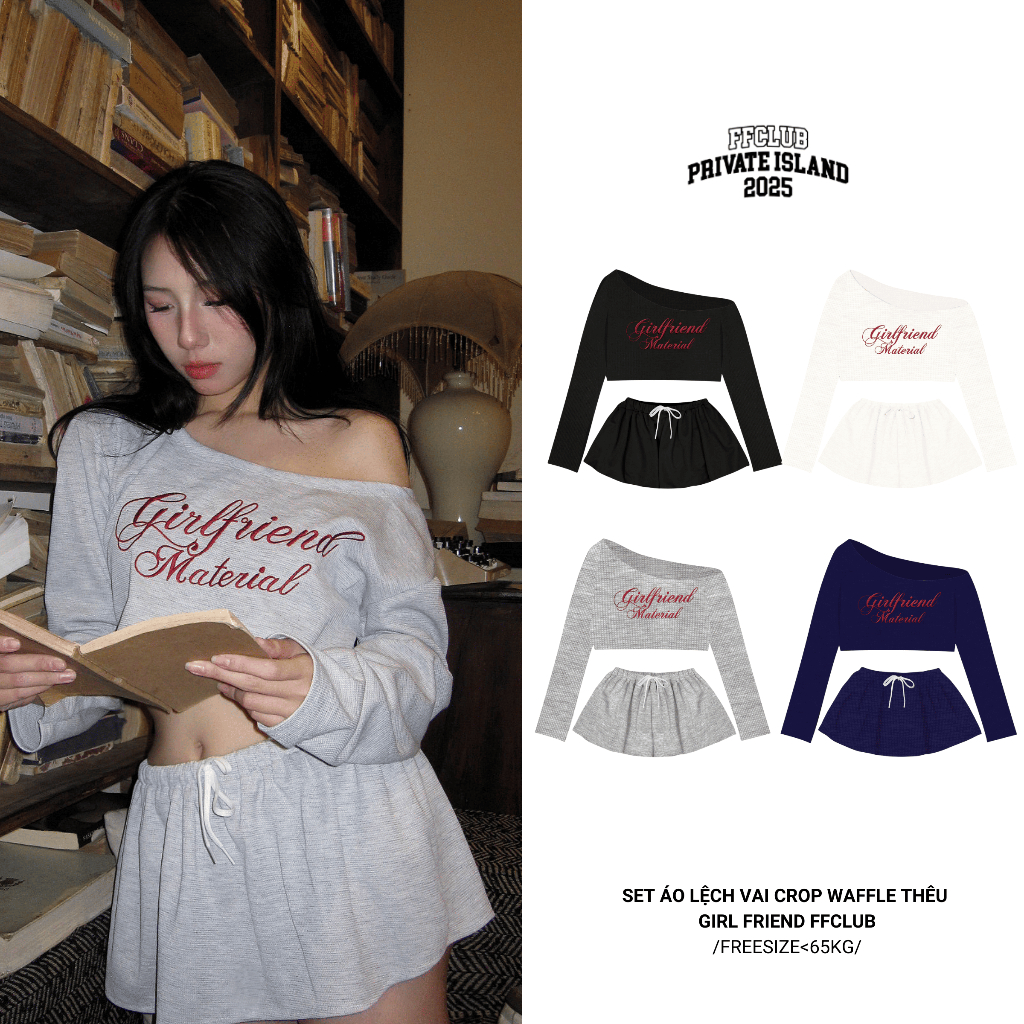 [CÓ TÁCH SET] ÁO LỆCH VAI TAY DÀI FROM CROP WAFFLE THÊU GIRL FRIEND & CHÂN VÁY XÒE BỒNG BỀNH mix