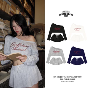 ÁO LỆCH VAI TAY DÀI FROM CROP WAFFLE THÊU GIRL FRIEND & CHÂN VÁY XÒE BỒNG BỀNH mix