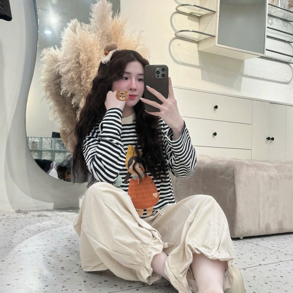 Sét bộ cotton dài tay phong cách hàn quốc mix quần thô cách điệu cute freesize <60kg