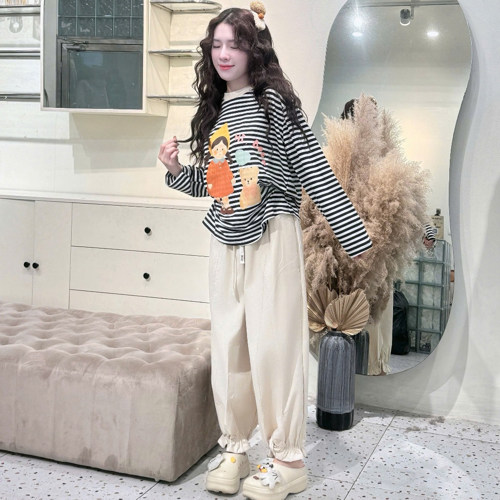 Sét bộ cotton dài tay phong cách hàn quốc mix quần thô cách điệu cute freesize <60kg