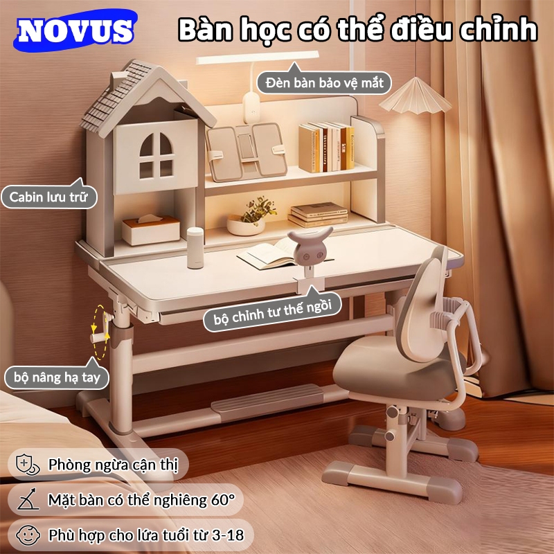 NOVUS Bàn Học Thông Minh Điều Chỉnh Chiều Cao - Chống Gù, Đèn Chống Cận, Kèm Giá Sách & Giá Đỡ Sách | Bảo Vệ Sức Khỏe