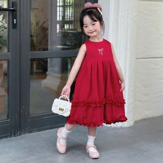 [8-26kg] Váy Linen Đỏ Sát Nách Thêu Nơ Tết Noel Cho Bé Gái