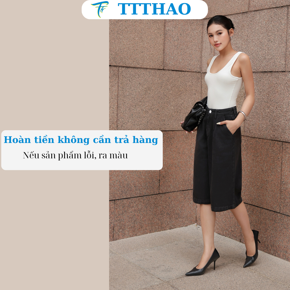 Quần short jean nữ lửng ngố ống rộng lưng cao TTTHAO chất liệu vải cao cấp thoáng mát J22
