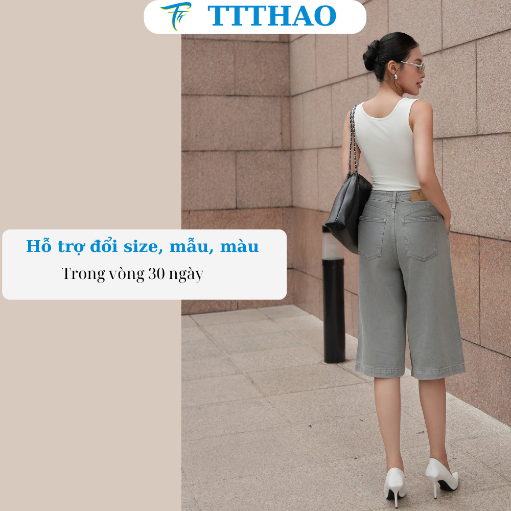 Quần short jean nữ lửng ngố ống rộng lưng cao TTTHAO chất liệu vải cao cấp thoáng mát J22