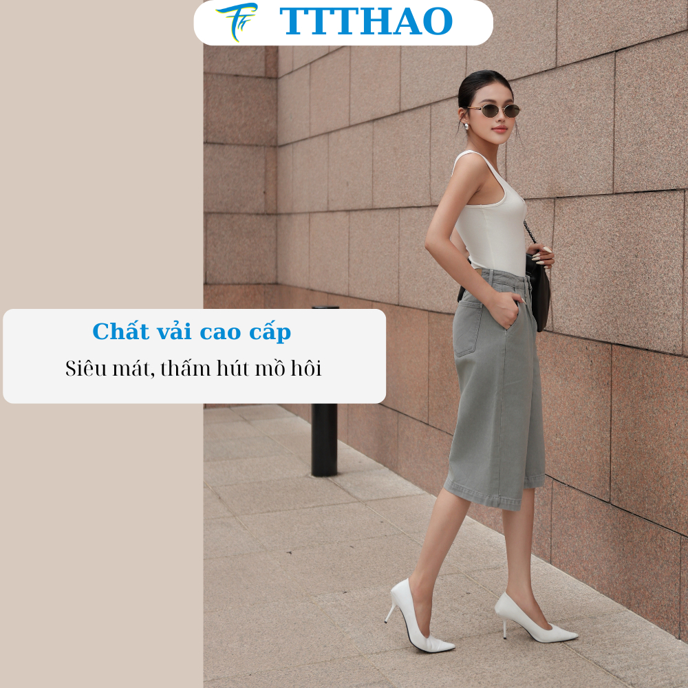 Quần short jean nữ lửng ngố ống rộng lưng cao TTTHAO chất liệu vải cao cấp thoáng mát J22