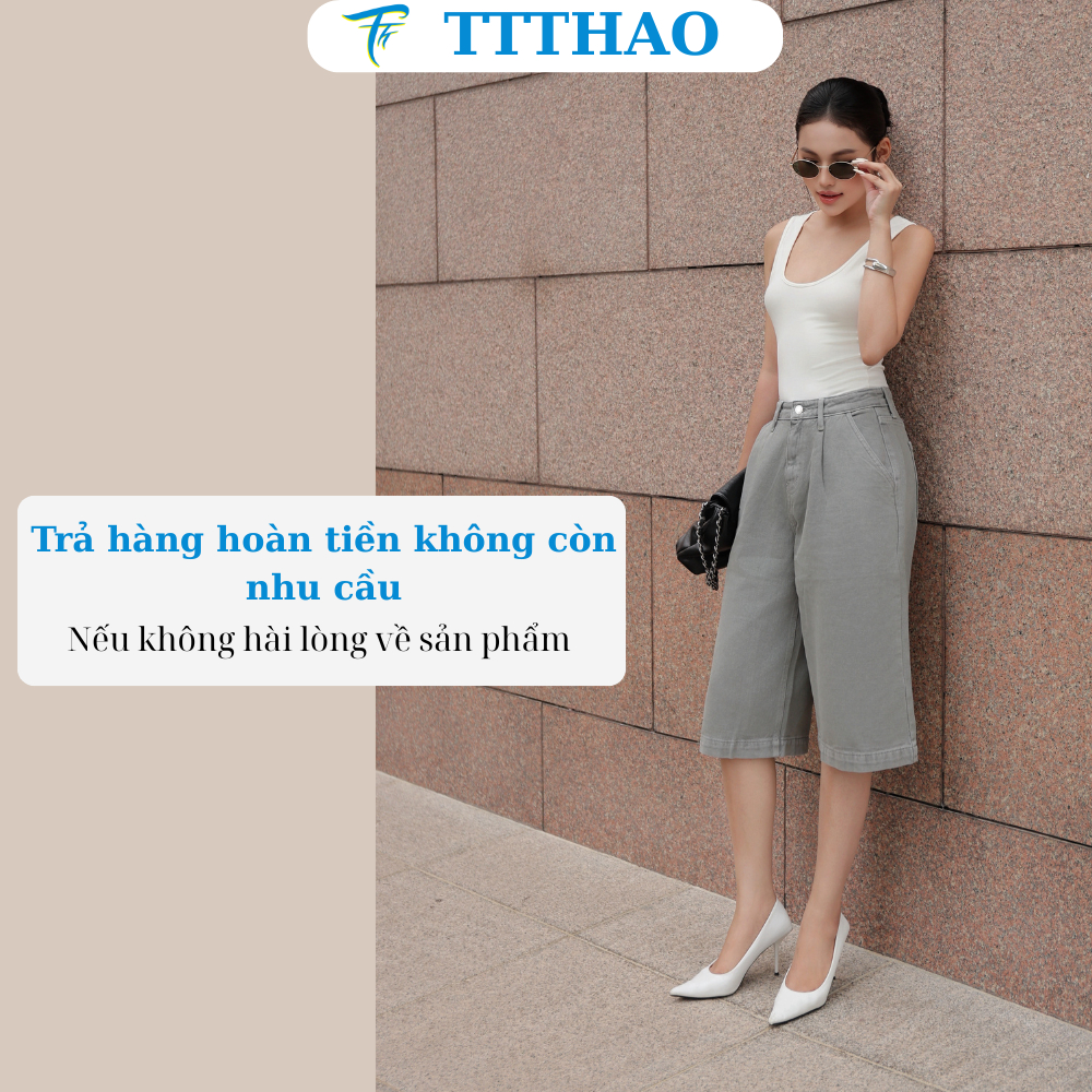 Quần short jean nữ lửng ngố ống rộng lưng cao TTTHAO chất liệu vải cao cấp thoáng mát J22