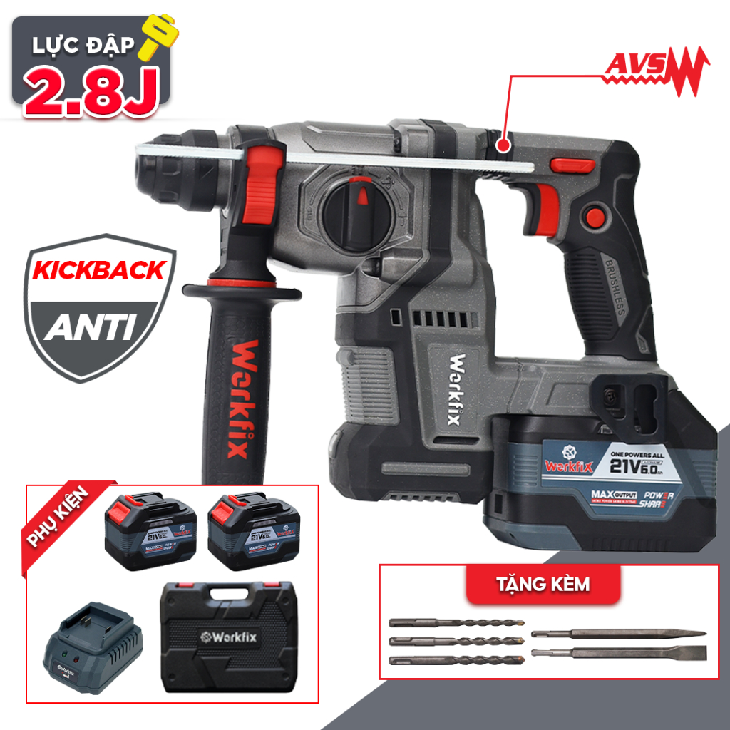 [KÈM BỘ 5 MŨI] Máy Khoan Đục Bê Tông Workfix WF-RH2203PRO - 3 Chức Năng KHOAN -BÚA -ĐỤC Bê Tông Chính Hãng