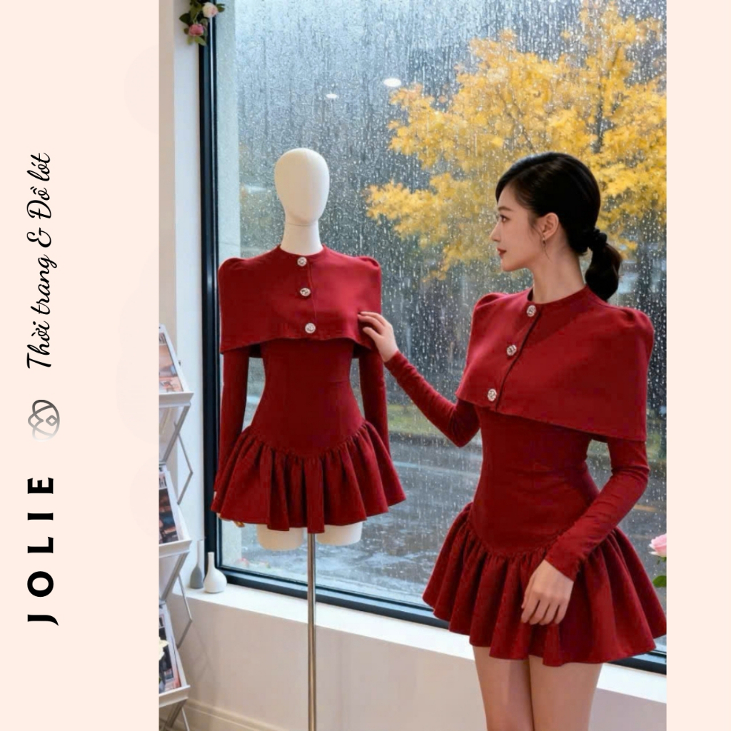 Váy Đầm Xòe Đỏ Dự Tiệc Cổ Trụ Phối Choàng Vai Độn Sang Trọng Thanh Lịch Phong Cách Tiểu Thư