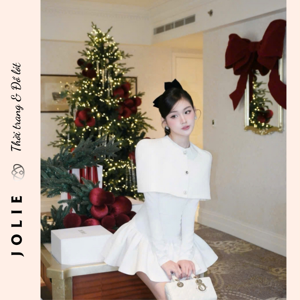 Váy Đầm Xòe Đỏ Dự Tiệc Cổ Trụ Phối Choàng Vai Độn Sang Trọng Thanh Lịch Phong Cách Tiểu Thư