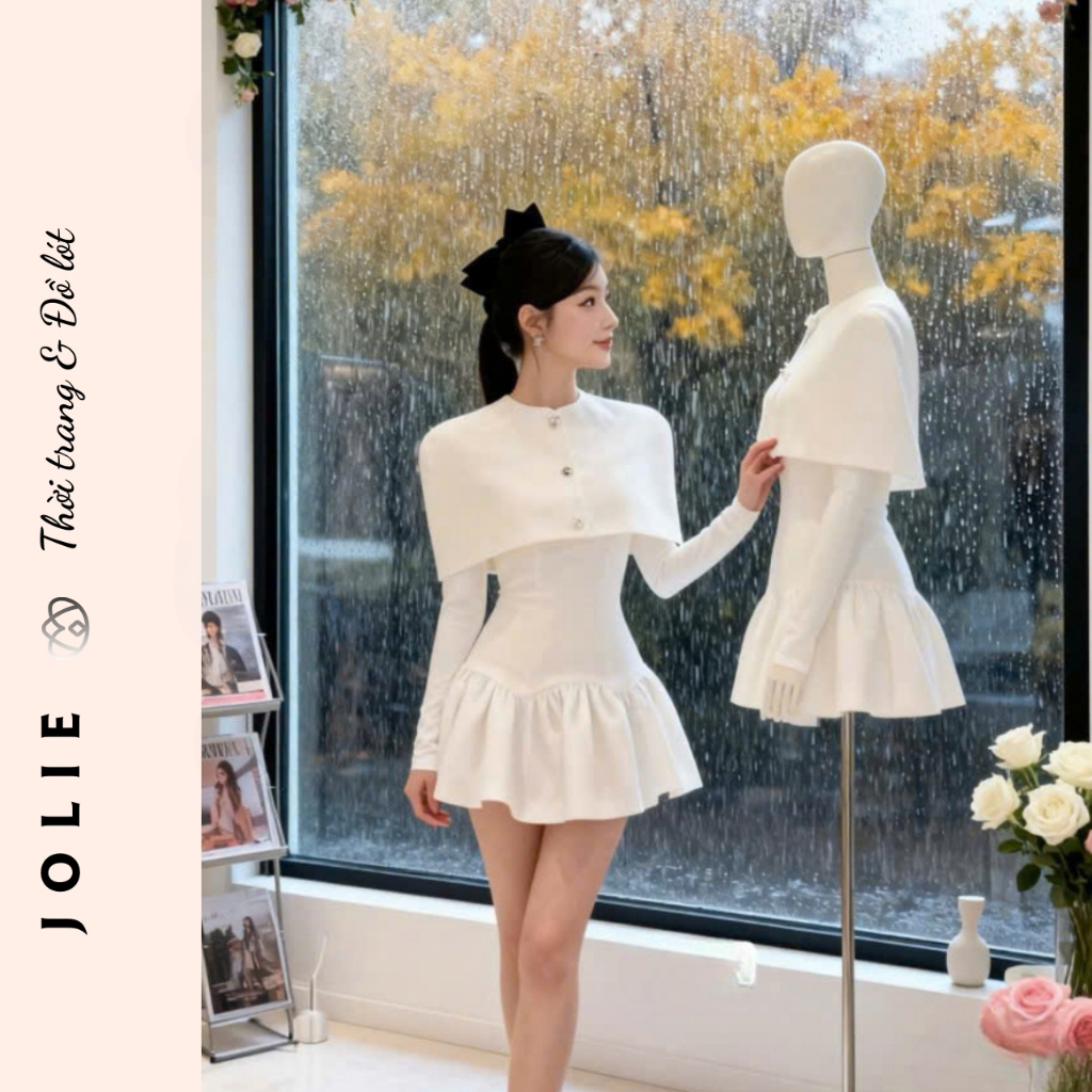 Váy Đầm Xòe Đỏ Dự Tiệc Cổ Trụ Phối Choàng Vai Độn Sang Trọng Thanh Lịch Phong Cách Tiểu Thư