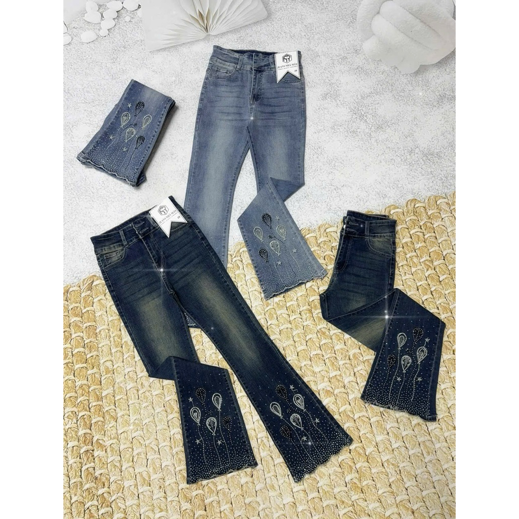 Quần Jeans Nữ, Quần Bò Nữ Ống Loe Dài Lưng Cao Thêu và đính đá