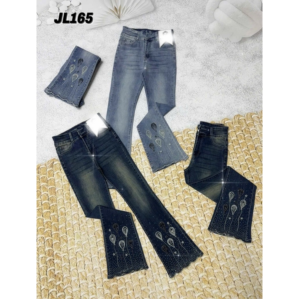 Quần Jeans Nữ, Quần Bò Nữ Ống Loe Dài Lưng Cao Thêu và đính đá