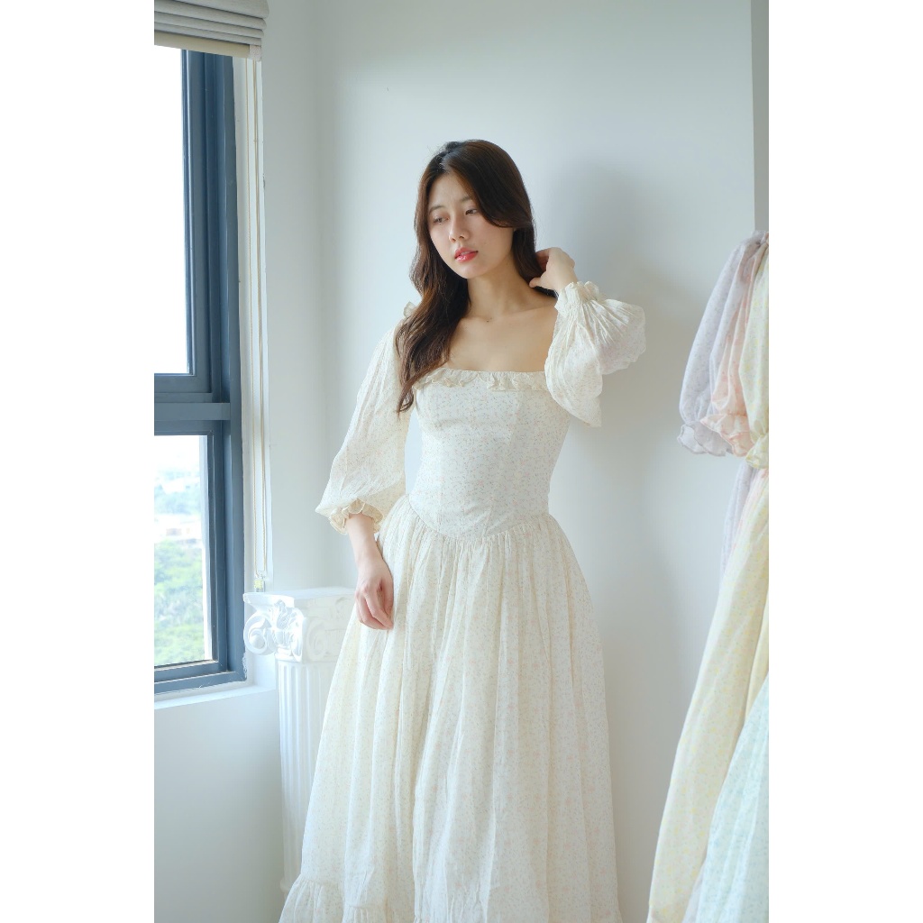 Đầm Bellie dáng dài tay bồng hoa nhí vintage cho nữ